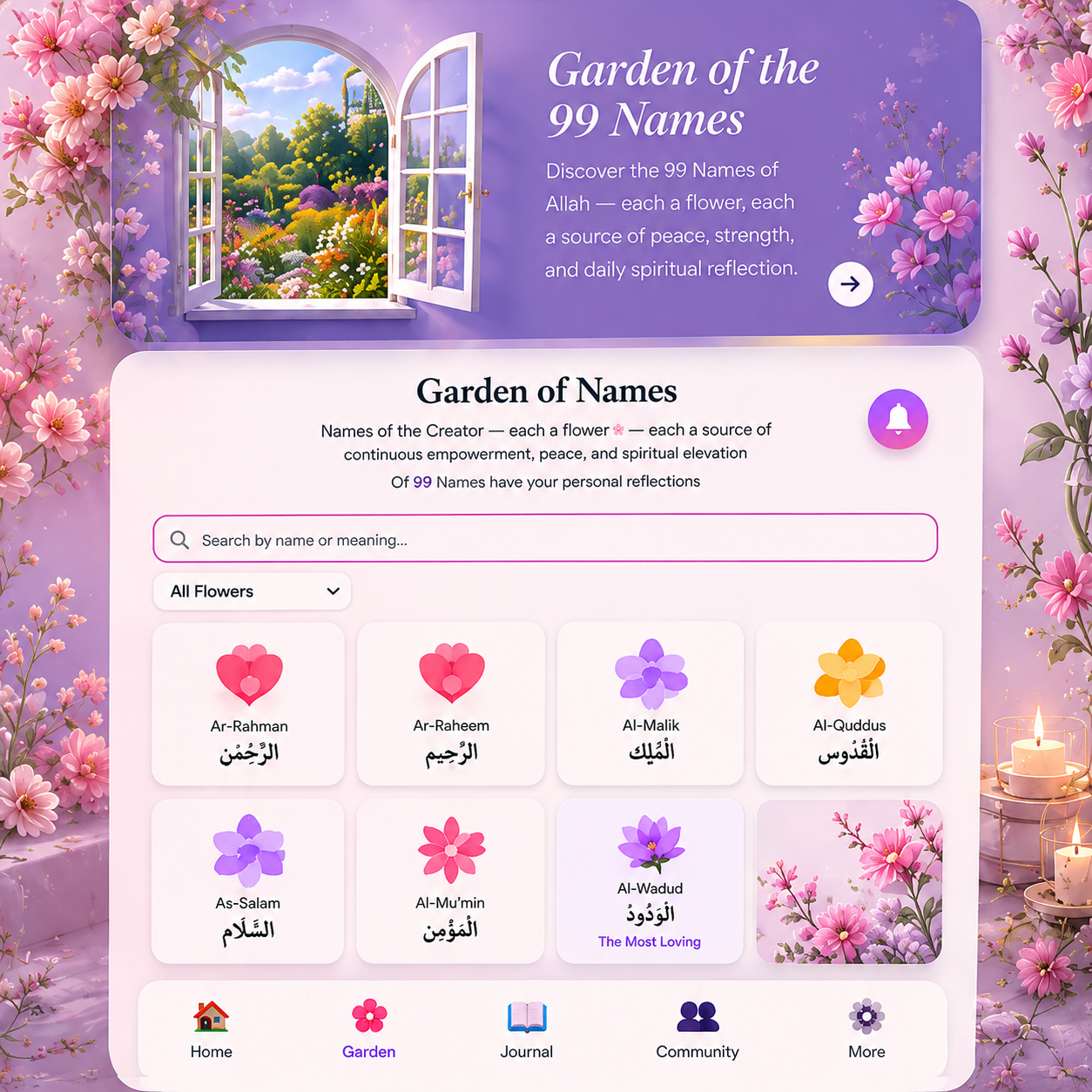 Garden of the 99 Names β each name represented as a flower